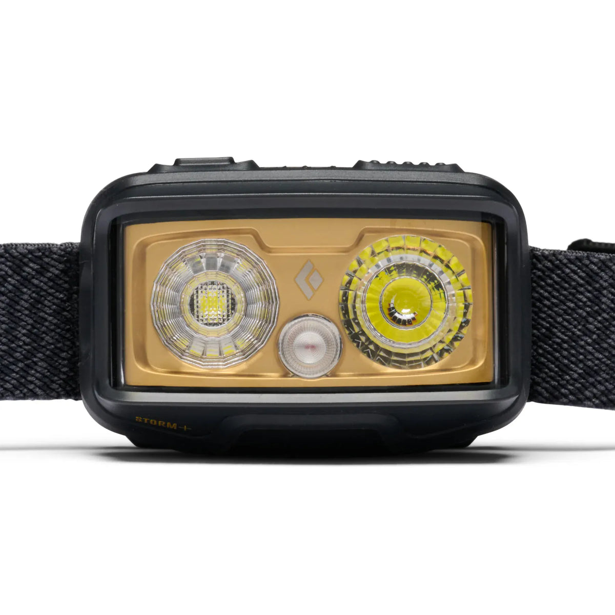 Front of the Black Diamond Storm+ in Black showing the large spot and flood lenses