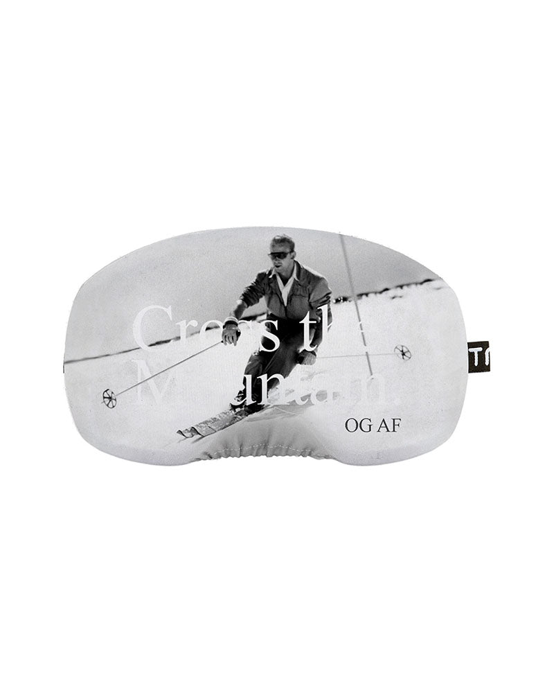 XTM goggle protector in the Og Aurel print, a vintage black and white photo of a skier marked OG AF