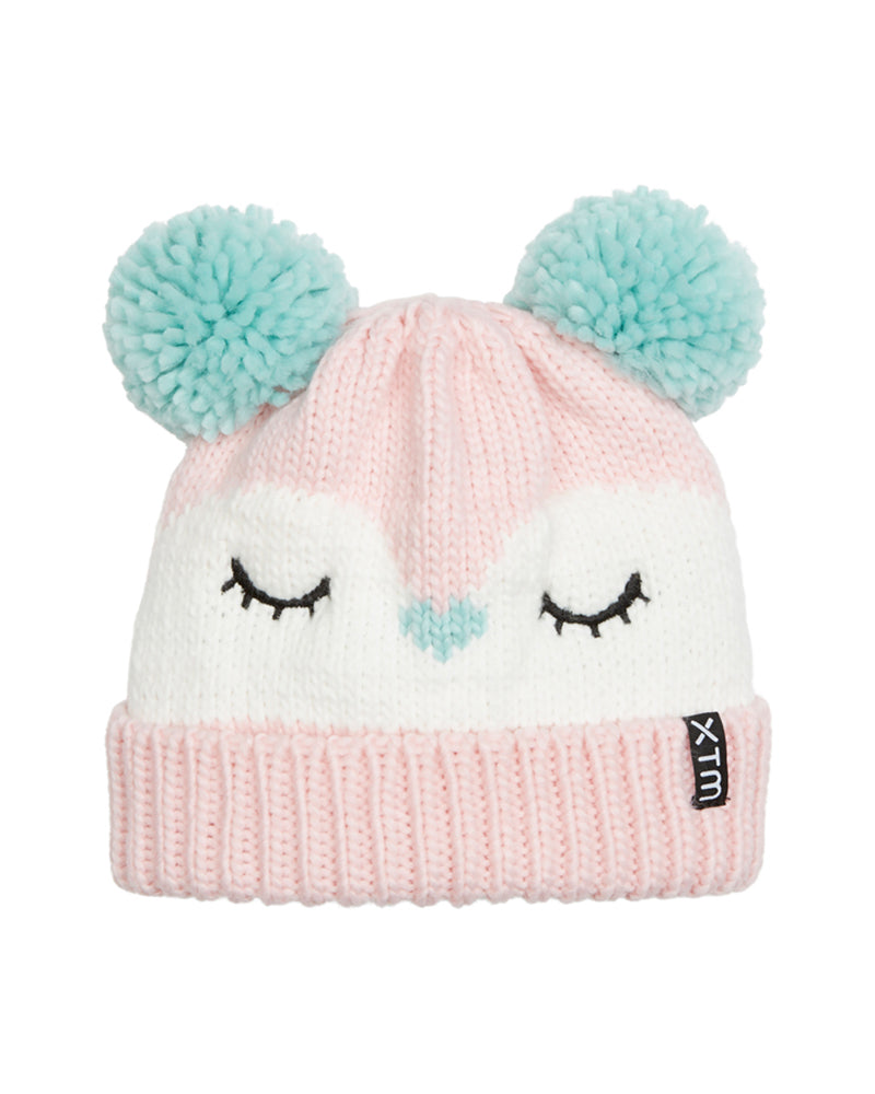 Crystal Fox XTM Kids Jumble beanie in pink and white knit with sleepy eyes and two aqua pom poms