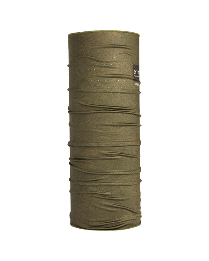 XTM Scenic neck tube in Kalamata Contour olive green, showing the breathing holes and XTM label