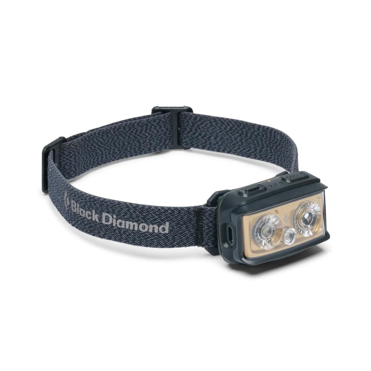 Black Diamond Storm+ headlamp in Black on a charcoal headband