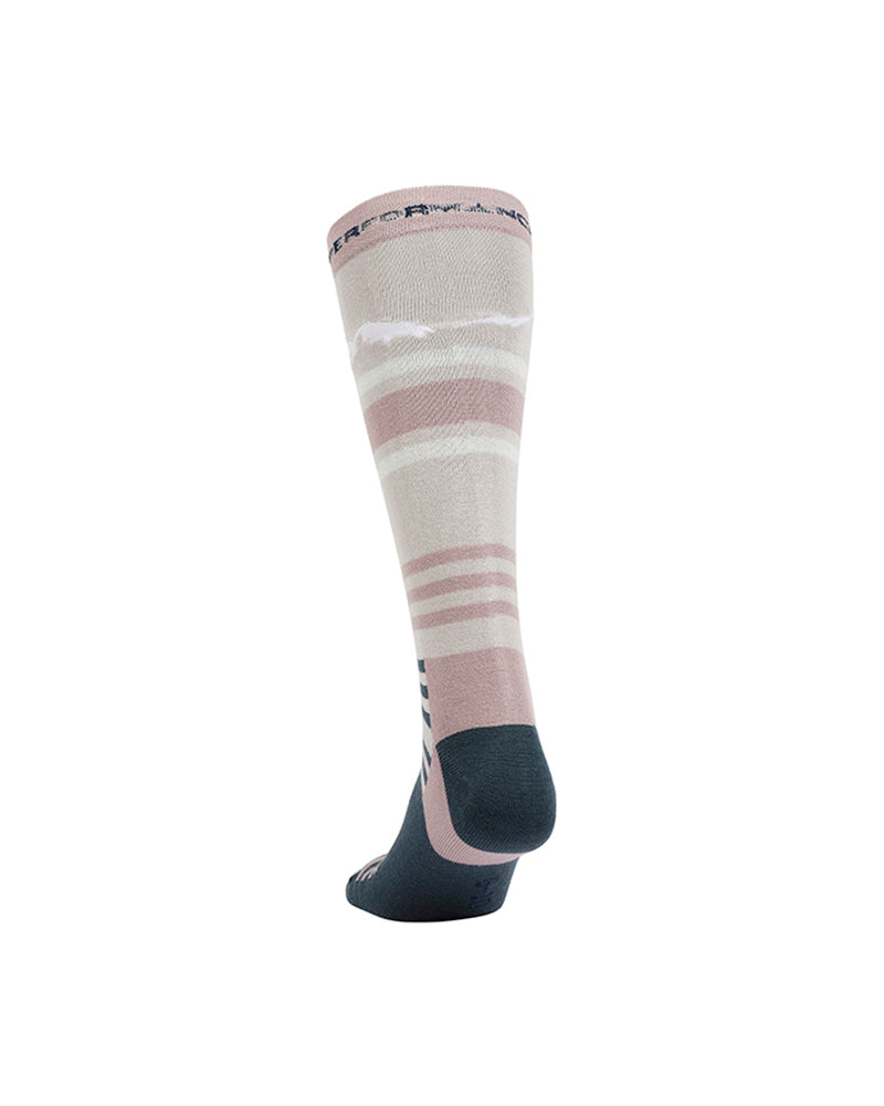 Back view of the XTM Trooper sock in Fog, pale stripes and a dark teal heel