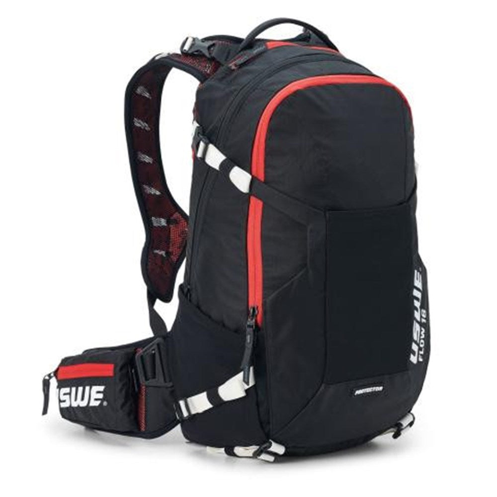 USWE Flow 16L protector pack in black with red trim, front three-quarter view showing harness and waist belt