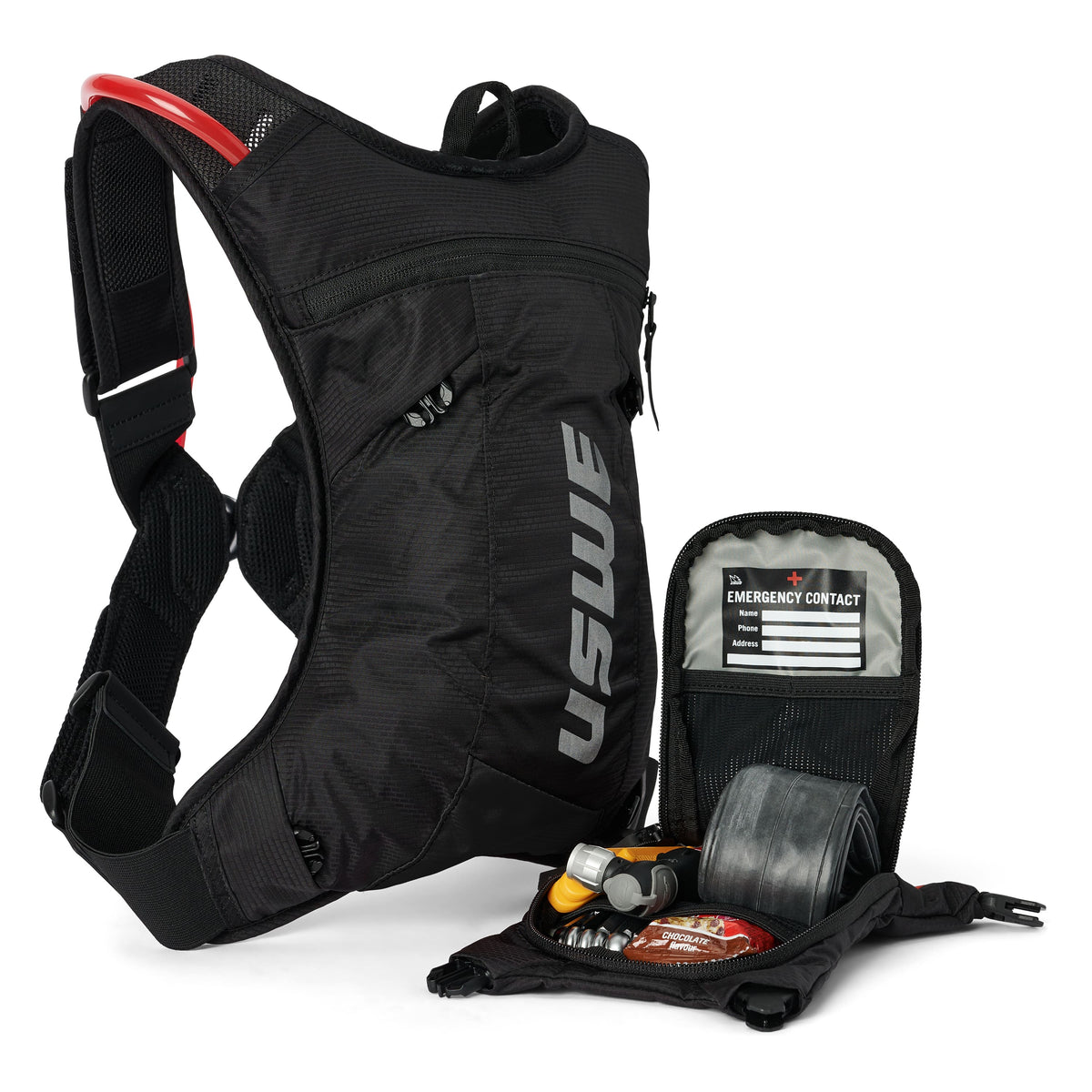 USWE MTB Hydro 3L in Black beside its detached front pocket holding a spare tube and tools