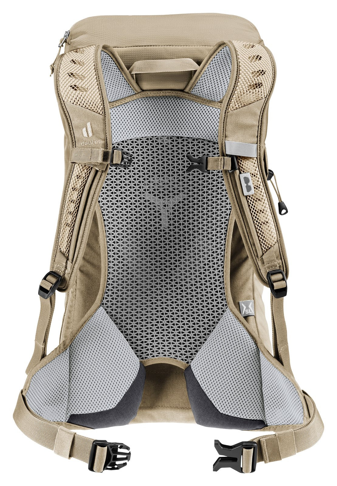 Back of the Deuter AC Lite 14 SL in Alu Greystone showing the women's fit harness and hip fins