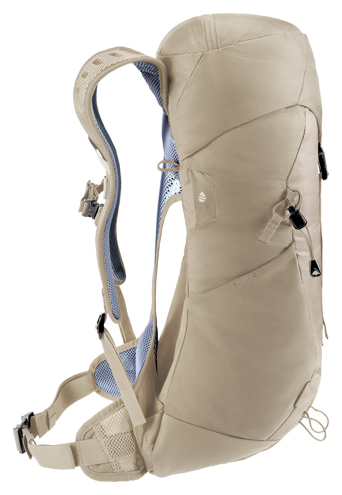 Deuter AC Lite 16 in Alu Greystone, side profile with side zip pocket and hip fin