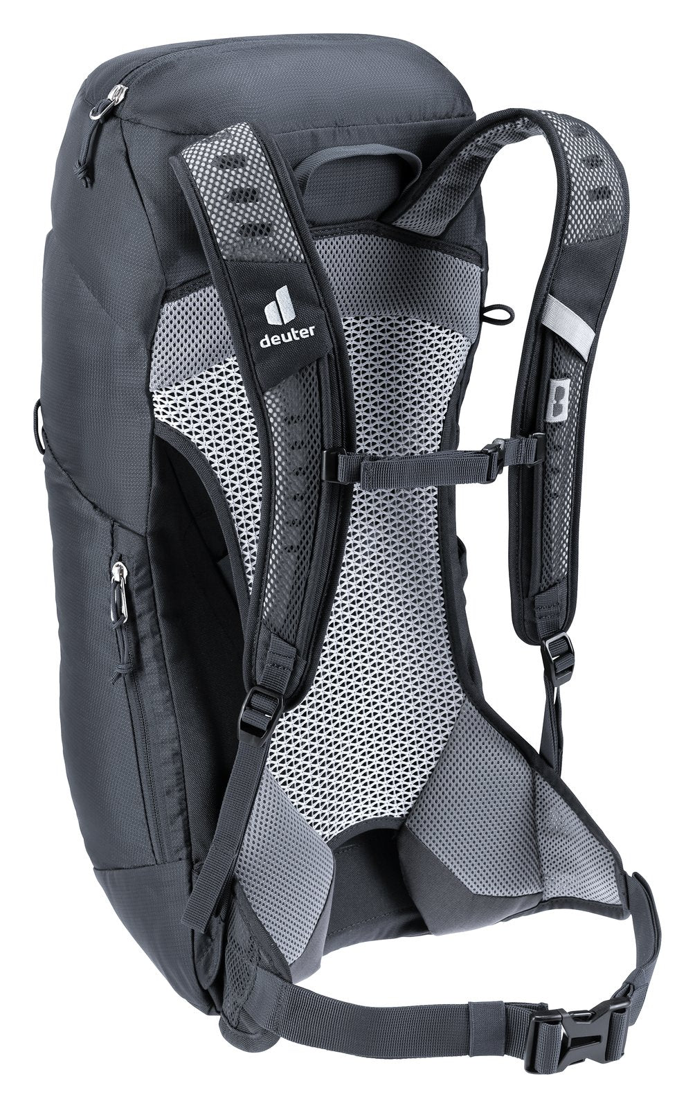 Deuter AC Lite 16 in Black, rear three-quarter view of the harness and mesh back