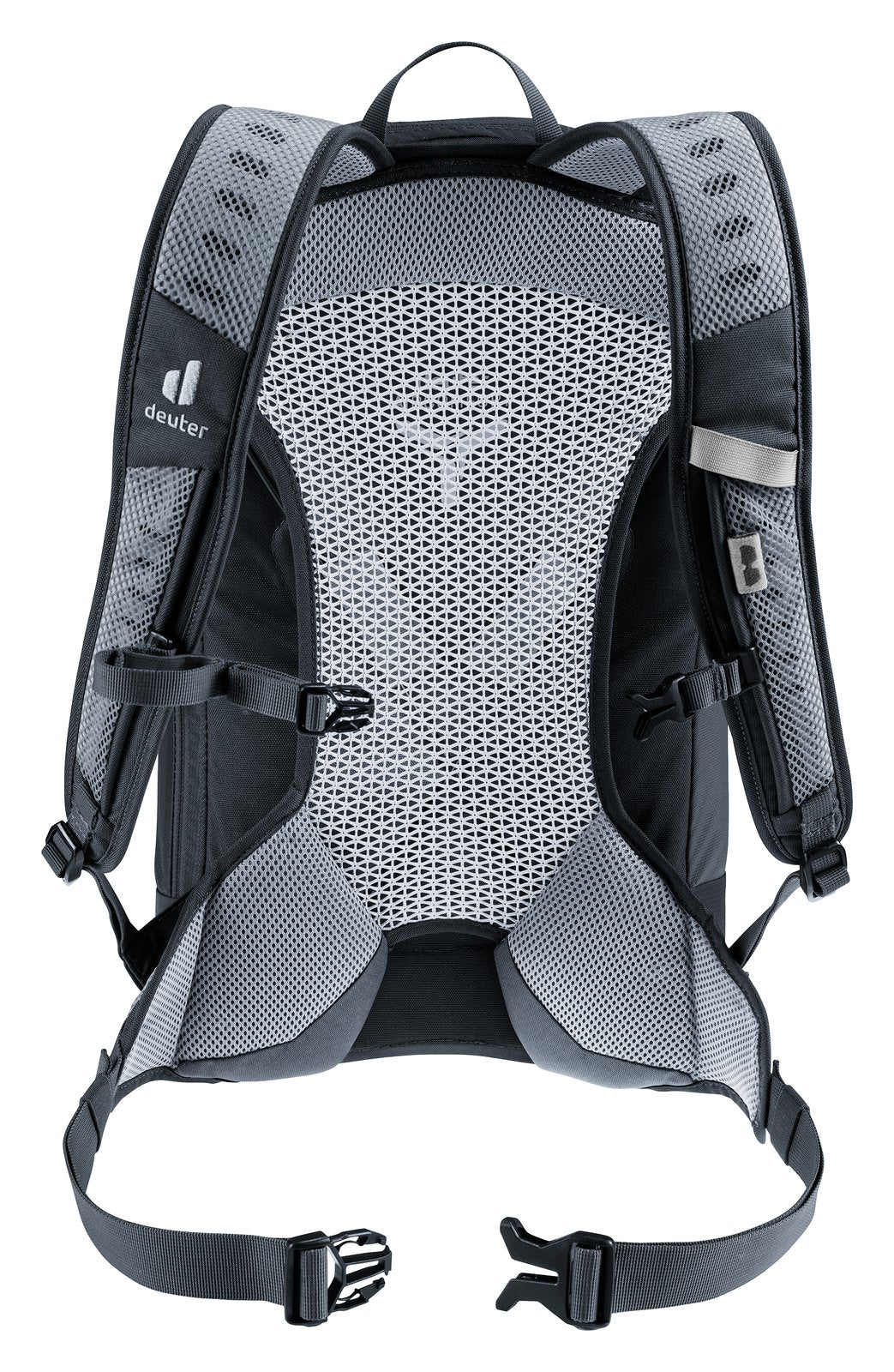 Back of the Deuter AC Lite 17 in Black showing the Aircomfort mesh panel and hip fins