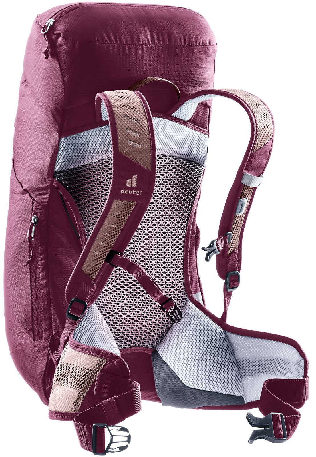 Deuter AC Lite 22 SL in Ashrose Cassis, rear three-quarter view with hip fin and side pocket