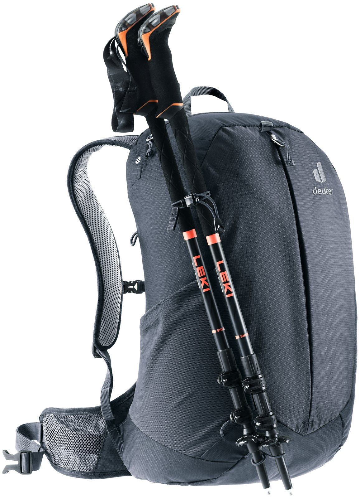 Deuter AC Lite 23 with trekking poles stowed on the pole attachment, front three-quarter view