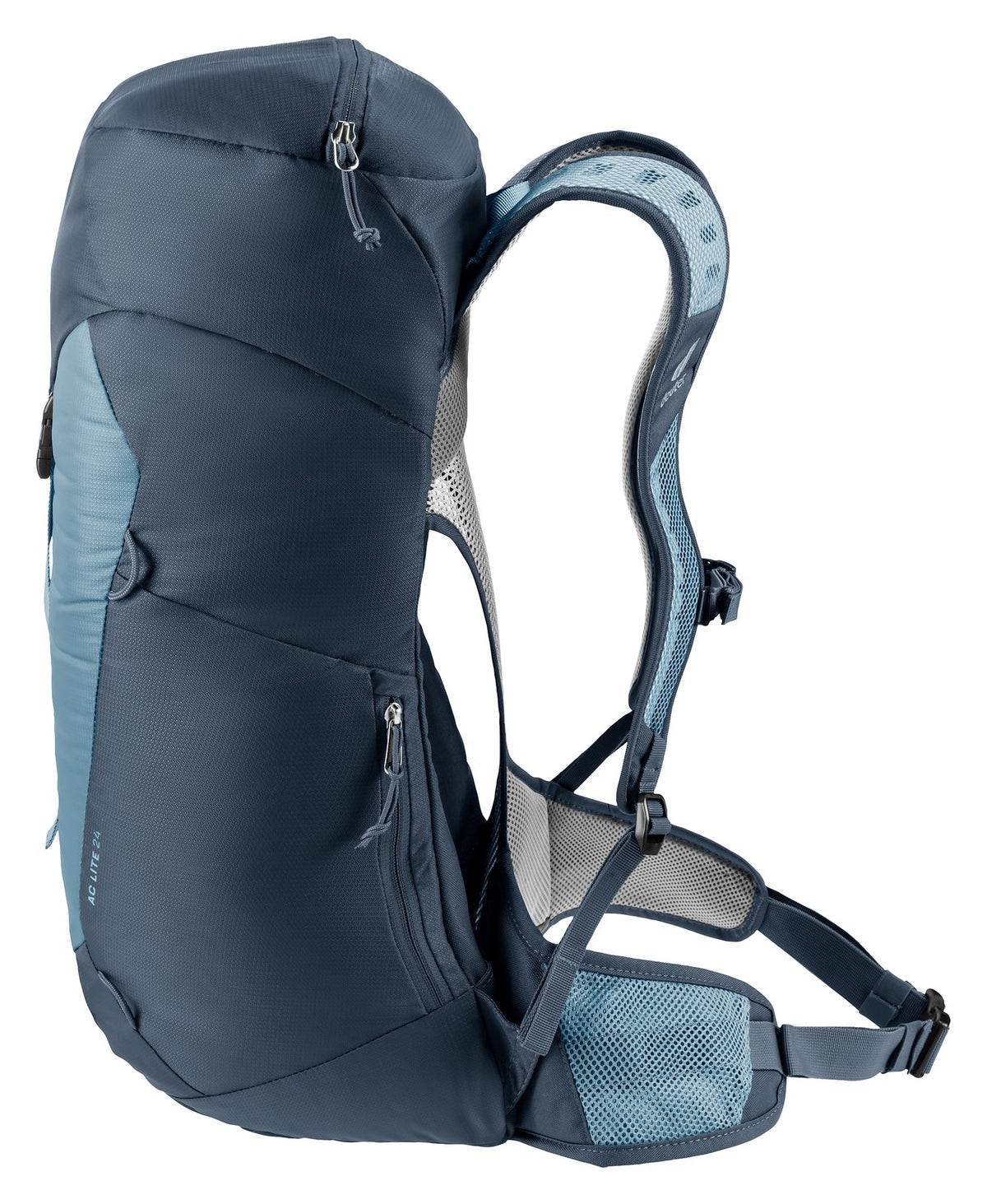 Deuter AC Lite 24 in Atlantic Ink, side view with phone pocket and padded shoulder strap