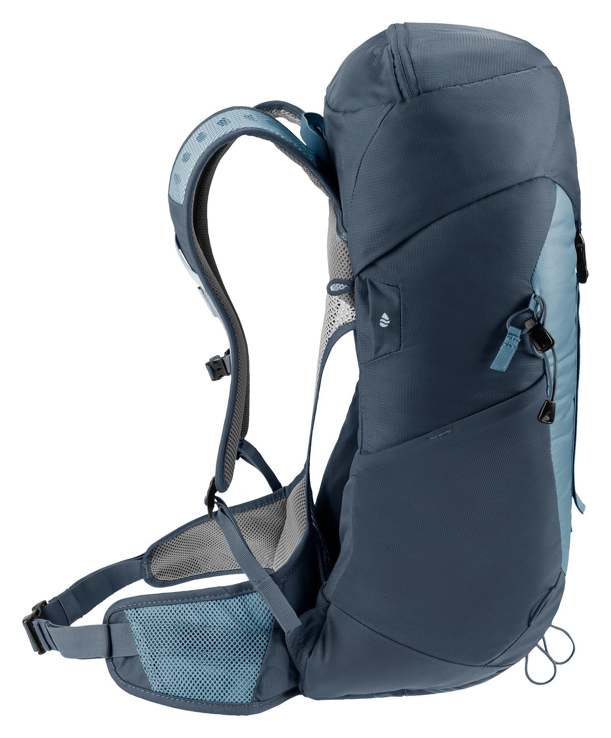 Deuter AC Lite 24 in Atlantic Ink, side view of the suspended mesh back and hip fin