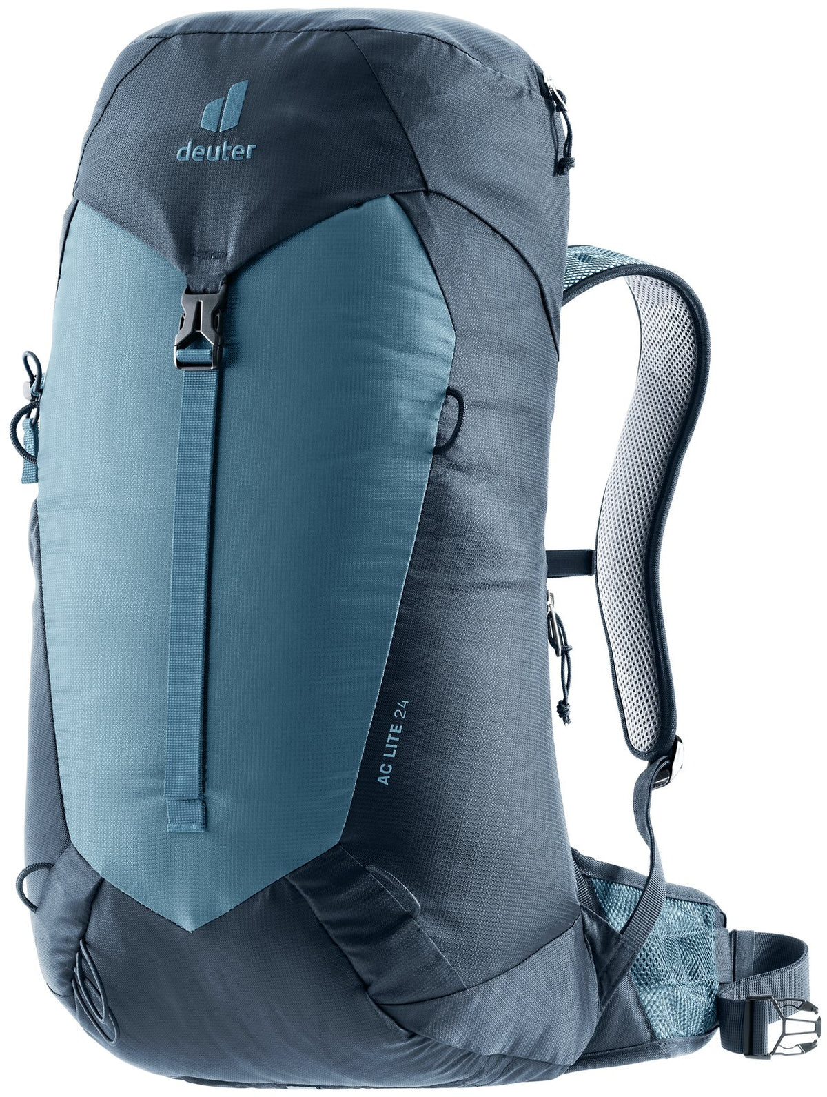 Deuter AC Lite 24 in Atlantic Ink, light blue front panel on a navy pack