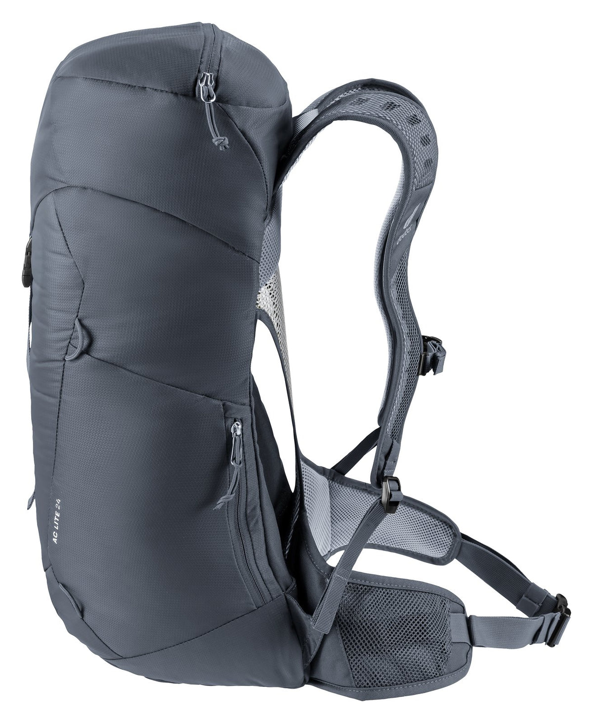 Deuter AC Lite 24 in Black, side view of the zipped side smartphone pocket and pole loop