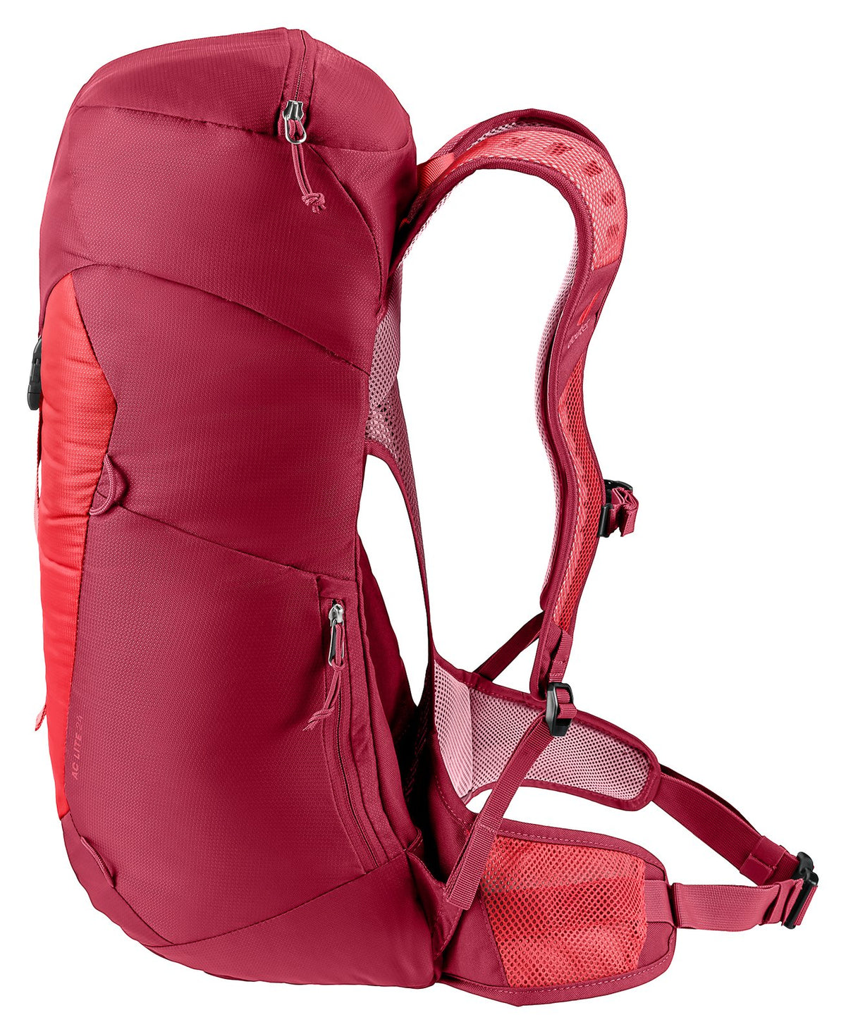 Deuter AC Lite 24 in Cherry Masala, side view of phone pocket and compression points