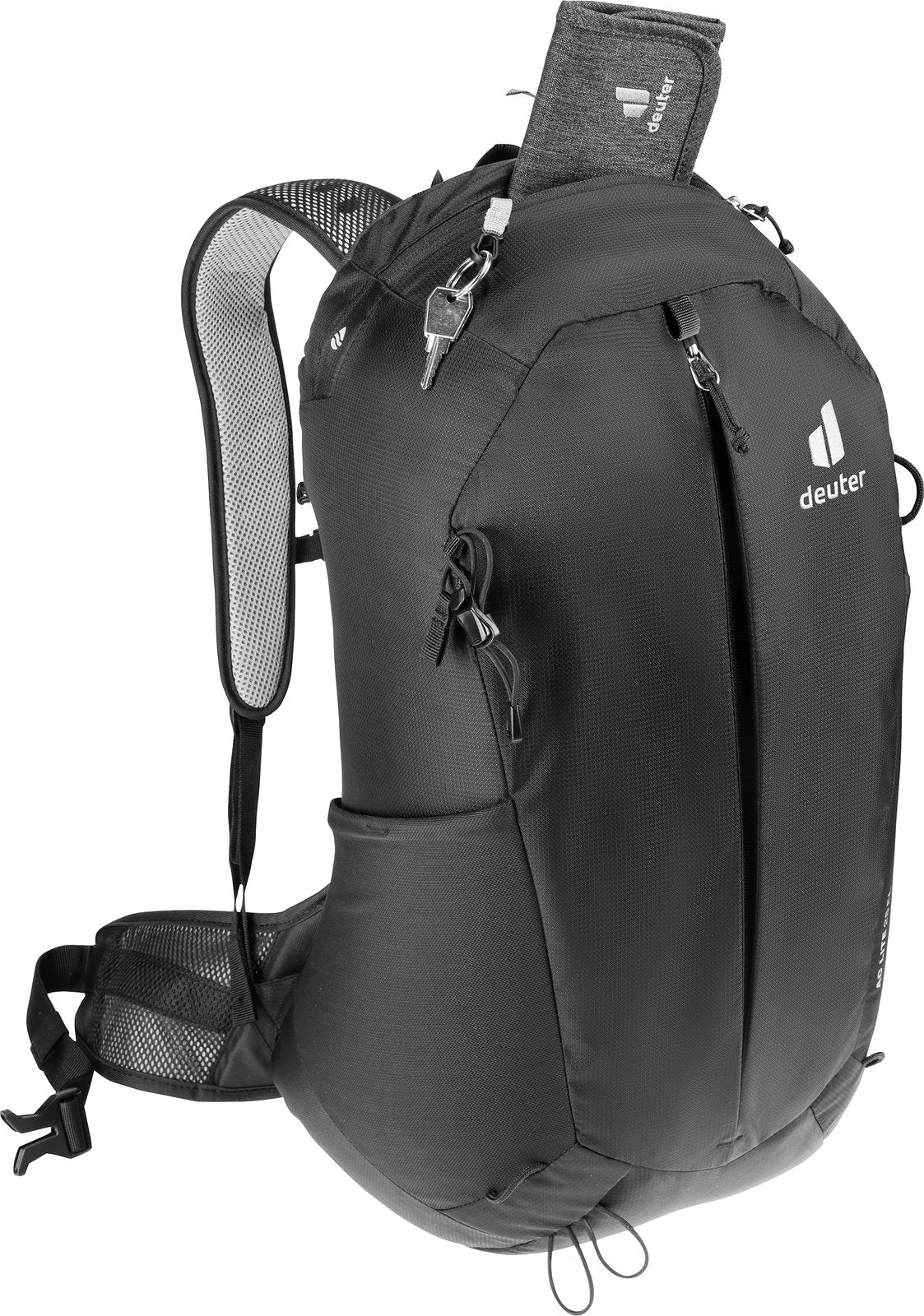 Deuter AC Lite 25 EL with a wallet in the zipped top pocket and keys on the key clip