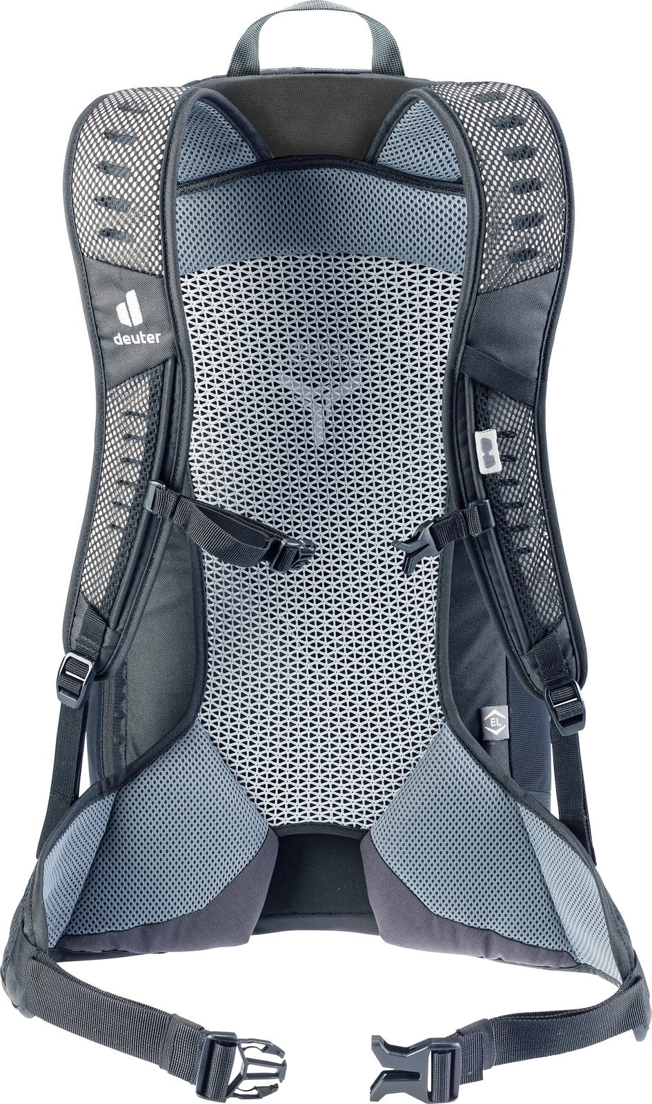 Back of the Deuter AC Lite 25 EL showing the Aircomfort mesh panel, shoulder straps and hip fins