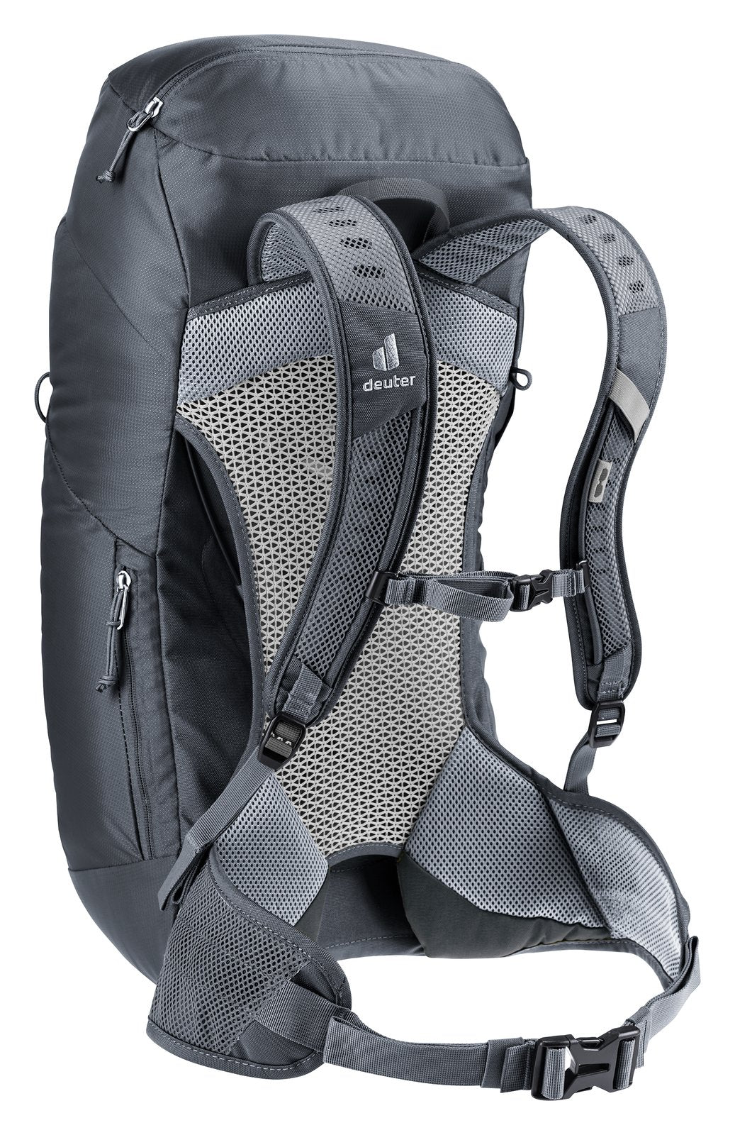 Deuter AC Lite 30 in Black, rear three-quarter view of shoulder straps and sternum strap