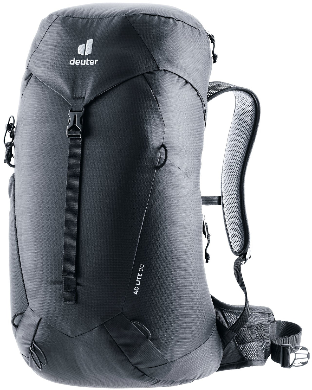 Deuter AC Lite 30 hiking backpack in Black, front three-quarter view with lid and front strap