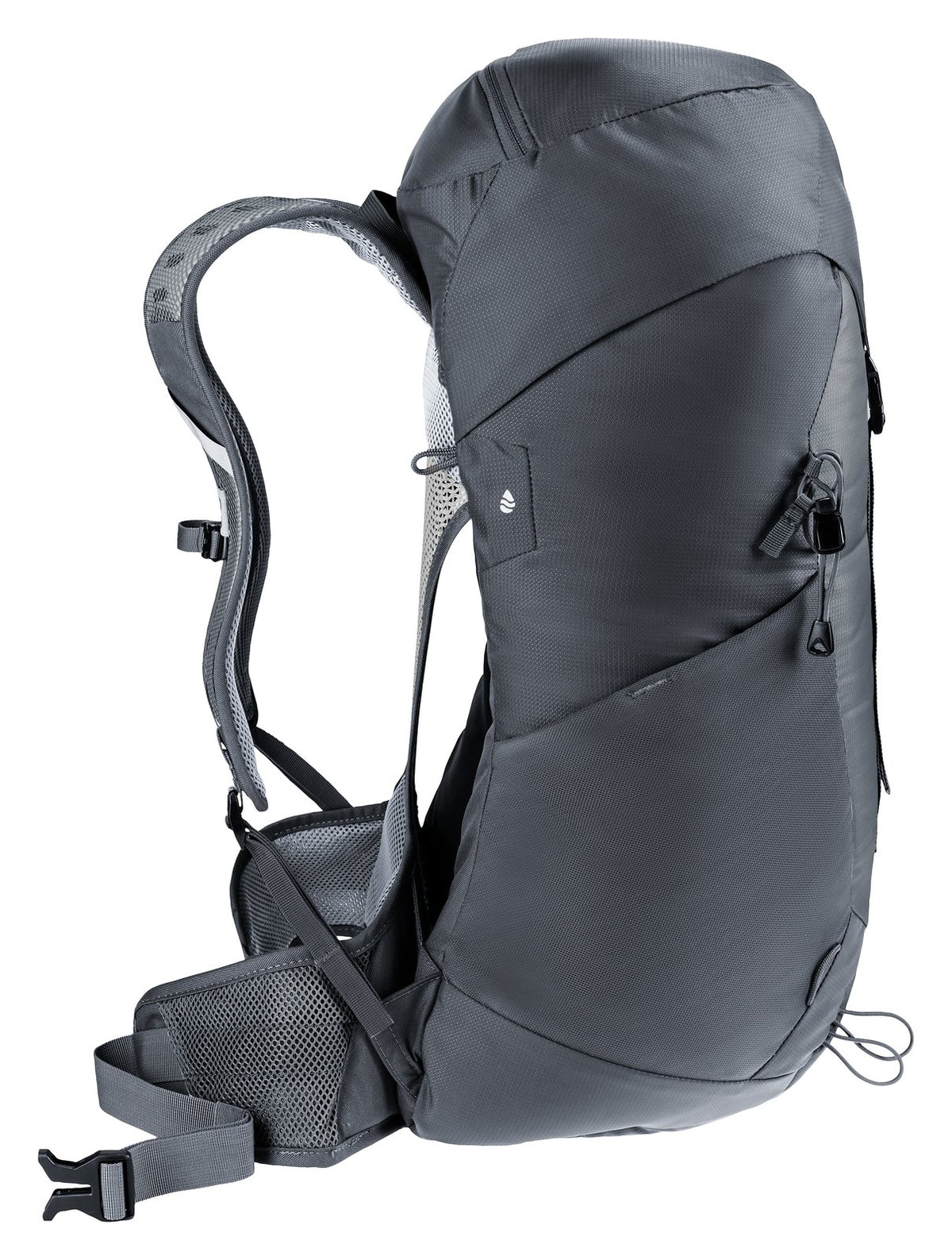 Side profile of the Deuter AC Lite 30 in Black showing the curved frame and gap behind the mesh