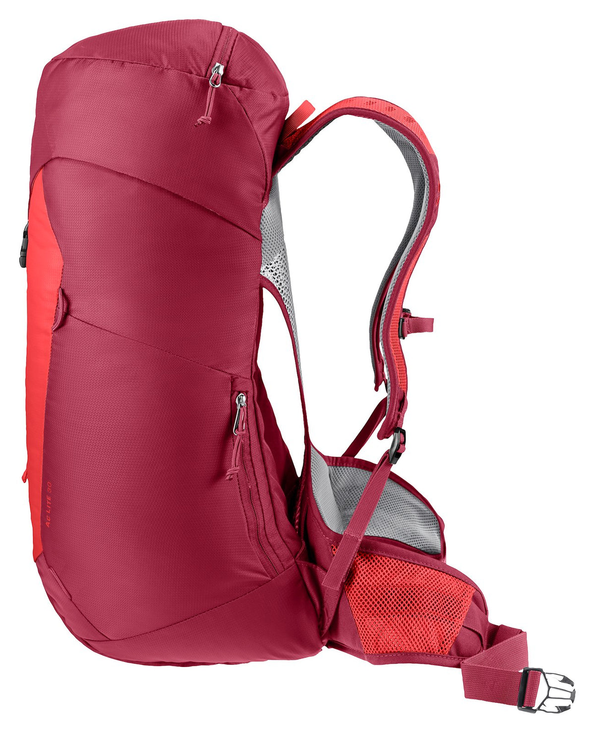 Deuter AC Lite 30 in Cherry Masala, side view with side pocket and compression points