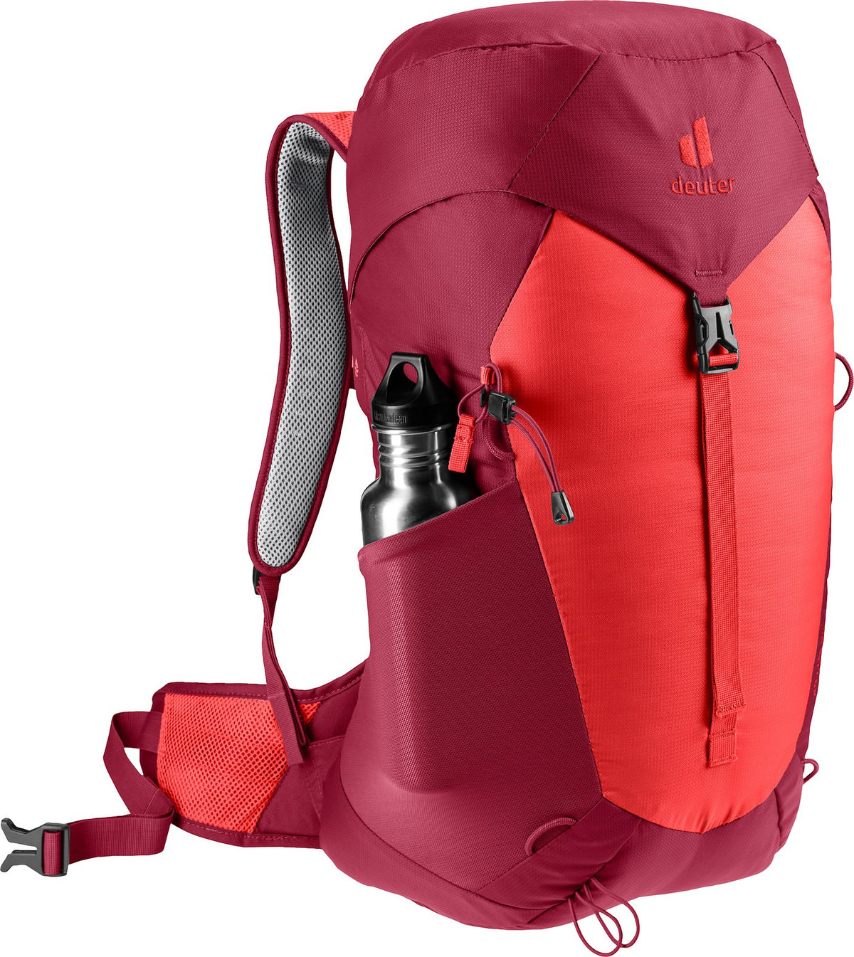 Deuter AC Lite 30 in Cherry Masala carrying a drink bottle in the side pocket