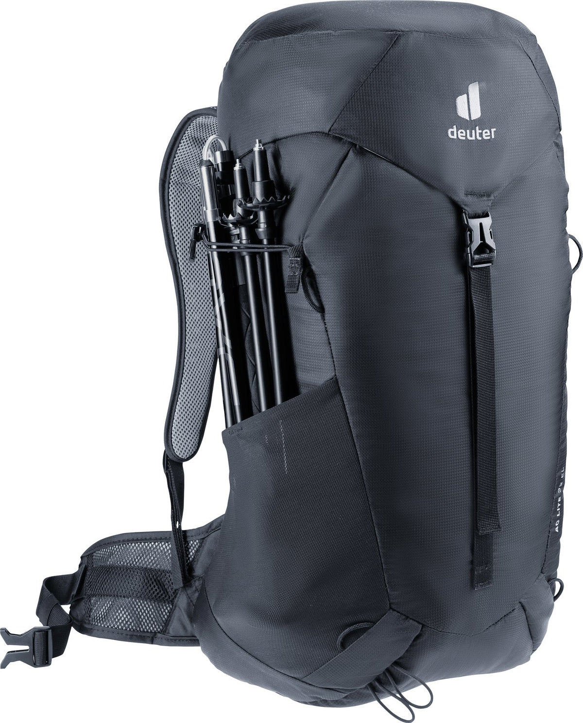 Deuter AC Lite 32 EL with folded trekking poles stowed down the side