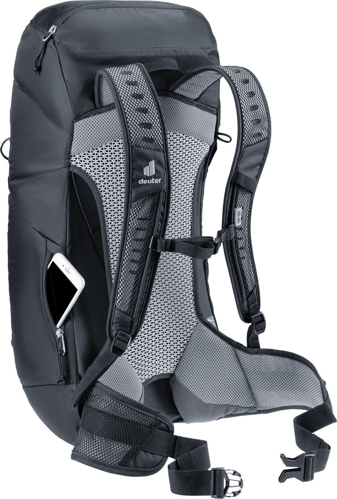 Deuter AC Lite 32 EL with a smartphone in the side phone pocket, reachable while wearing