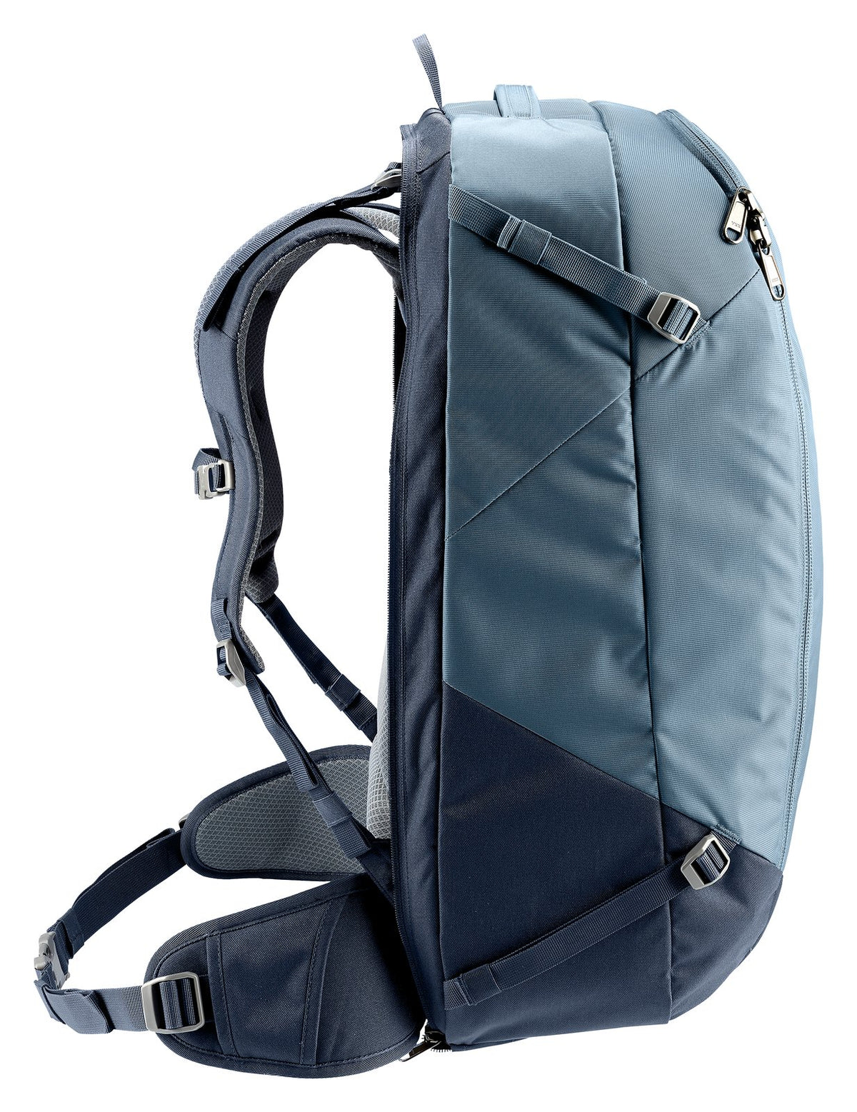 Deuter Access 55 in Atlantic Ink, side profile with hip fin and side straps
