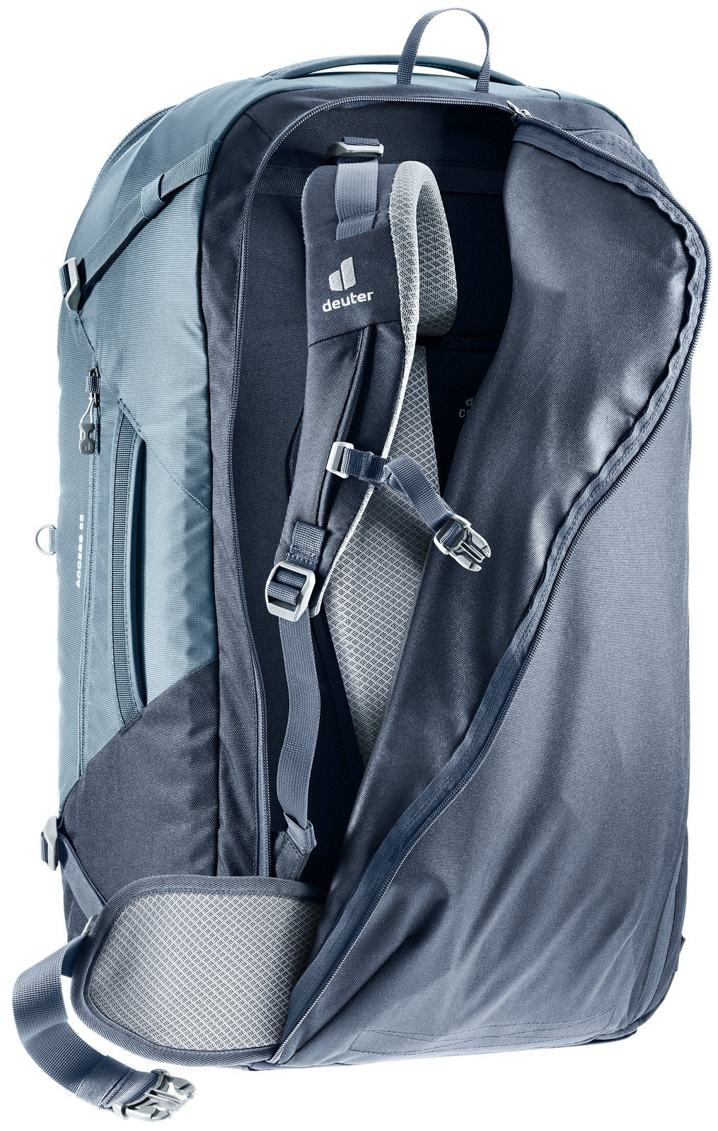 Deuter Access 55 in Atlantic Ink with the harness cover half zipped over the straps