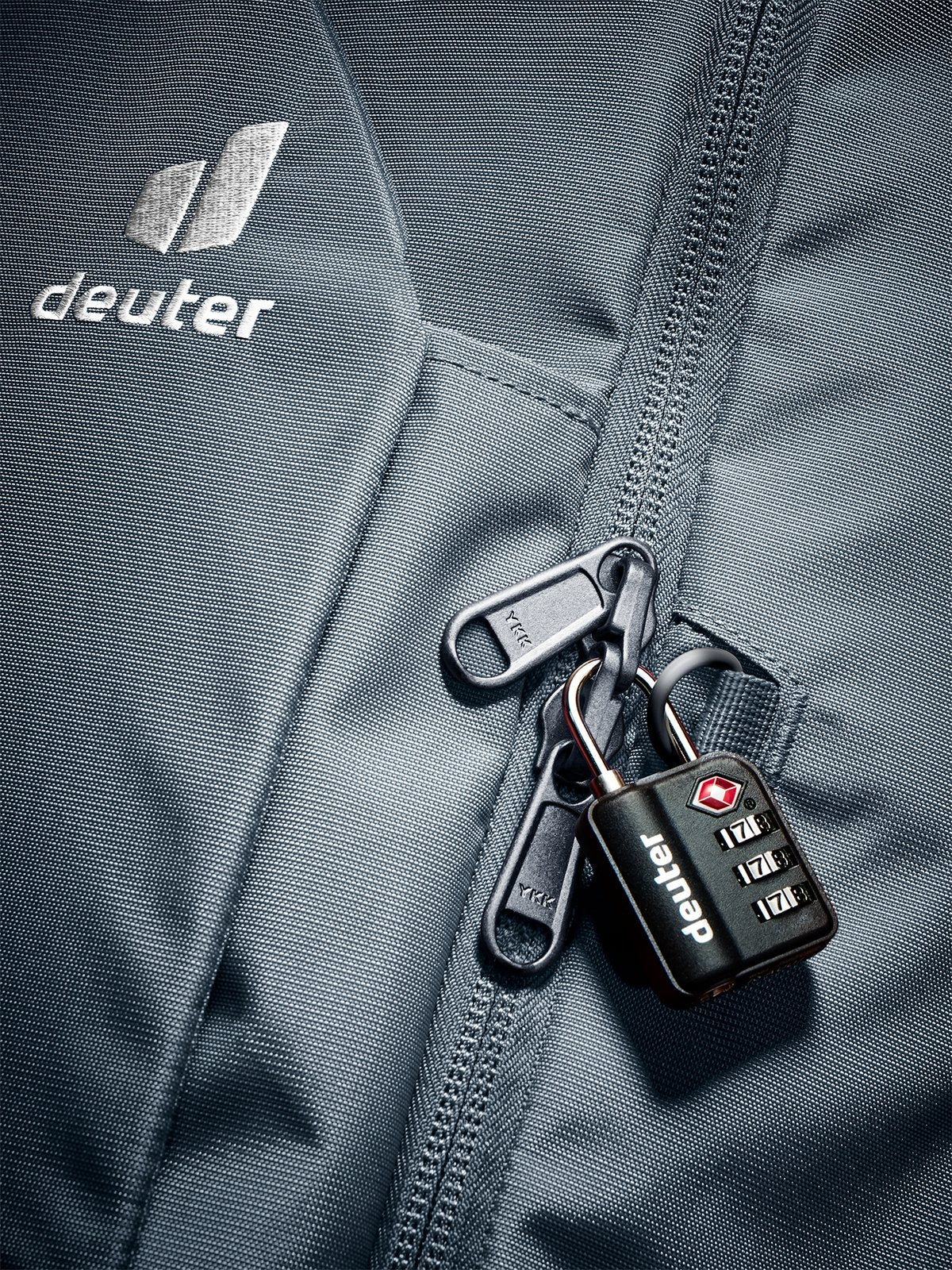 Close-up of the padlock anchor point on the Deuter Access Pro 60 SL in Black, padlock sold separately