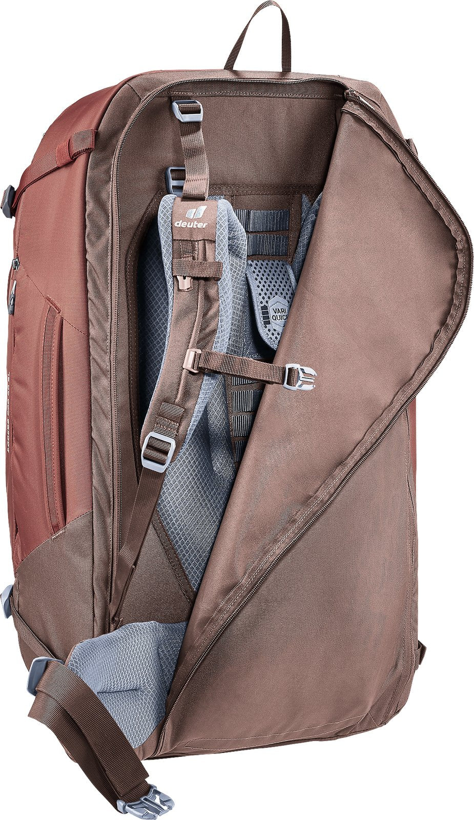 Deuter Access Pro 60 SL in Caspia Raisin with the back cover unzipped and folded open, showing the harness
