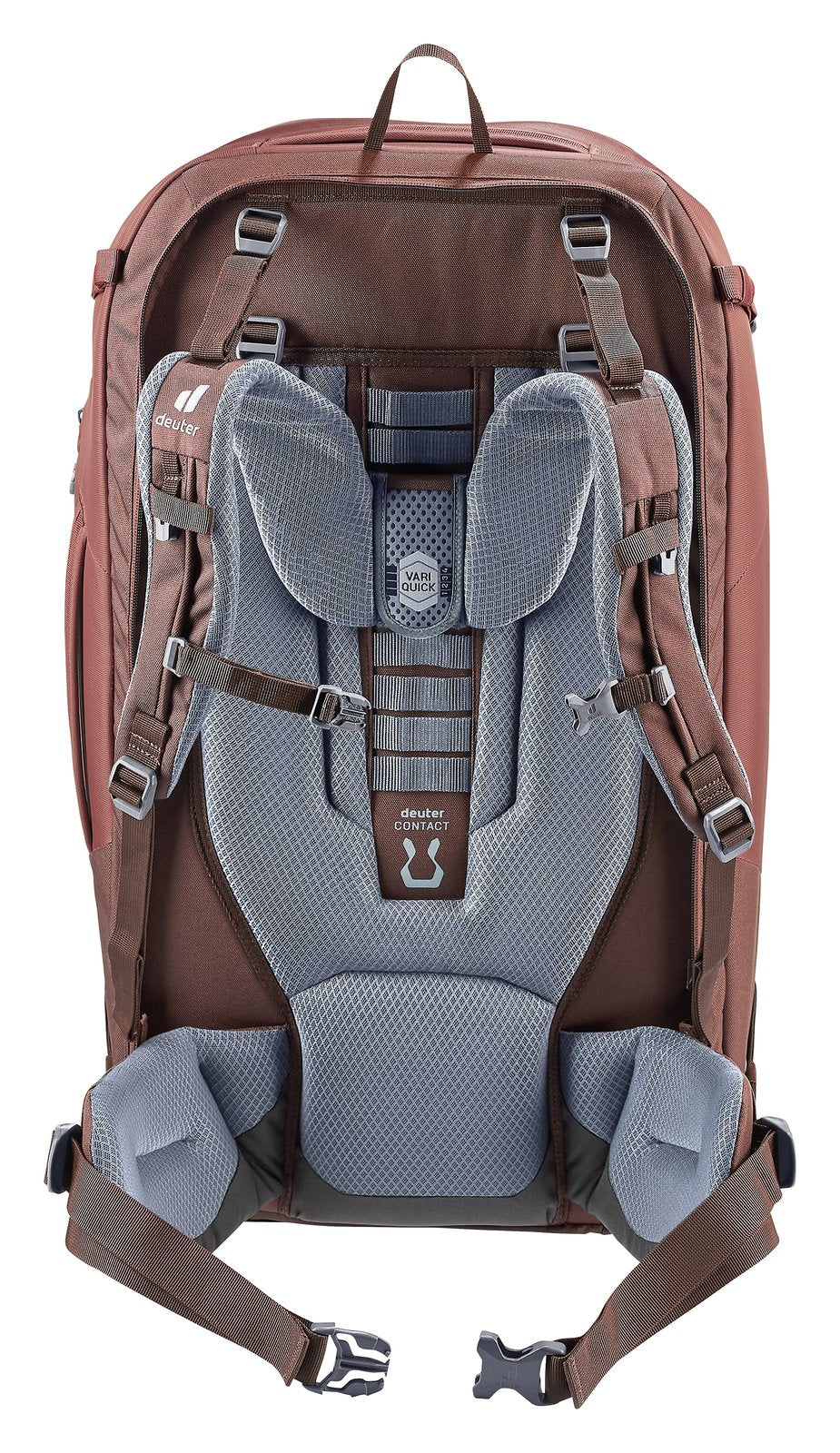 Deuter Access Pro 60 SL in Caspia Raisin, rear view of the padded harness and hip fins