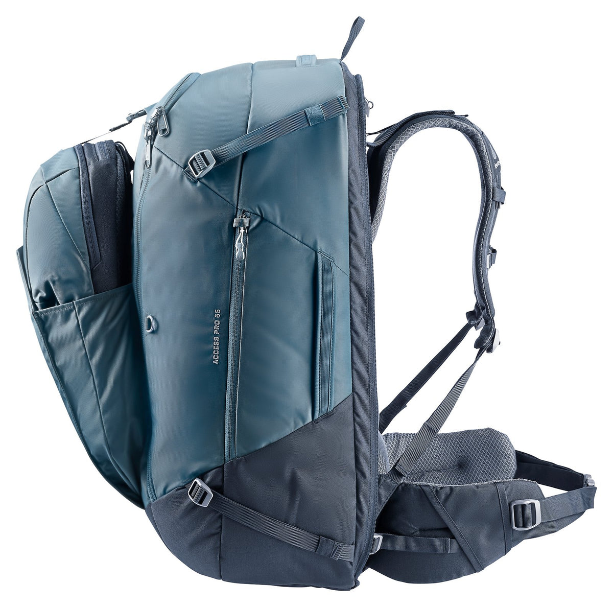 Deuter Access Pro 65 in Atlantic Ink, side view showing the side pocket and attached daypack