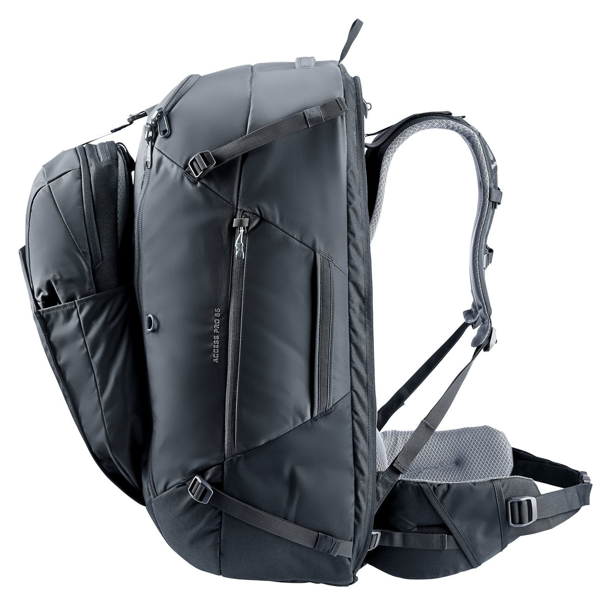 Deuter Access Pro 65 in Black, side view showing the side pocket and grab handle