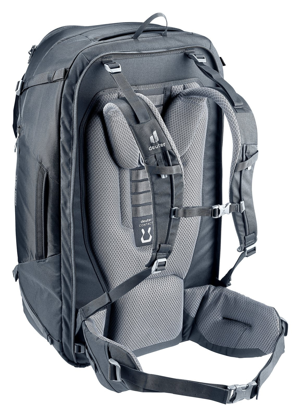 Deuter Access Pro 65 in Black, rear three-quarter view of the shoulder straps and sternum strap
