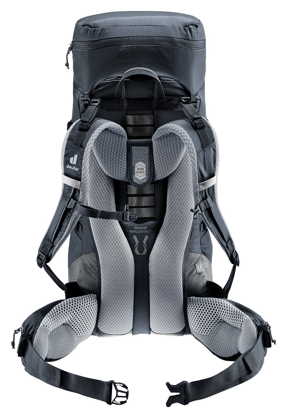 Back of the Deuter Aircontact Lite 35 + 10 SL in Black Graphite showing the Aircontact foam pads and hip fins