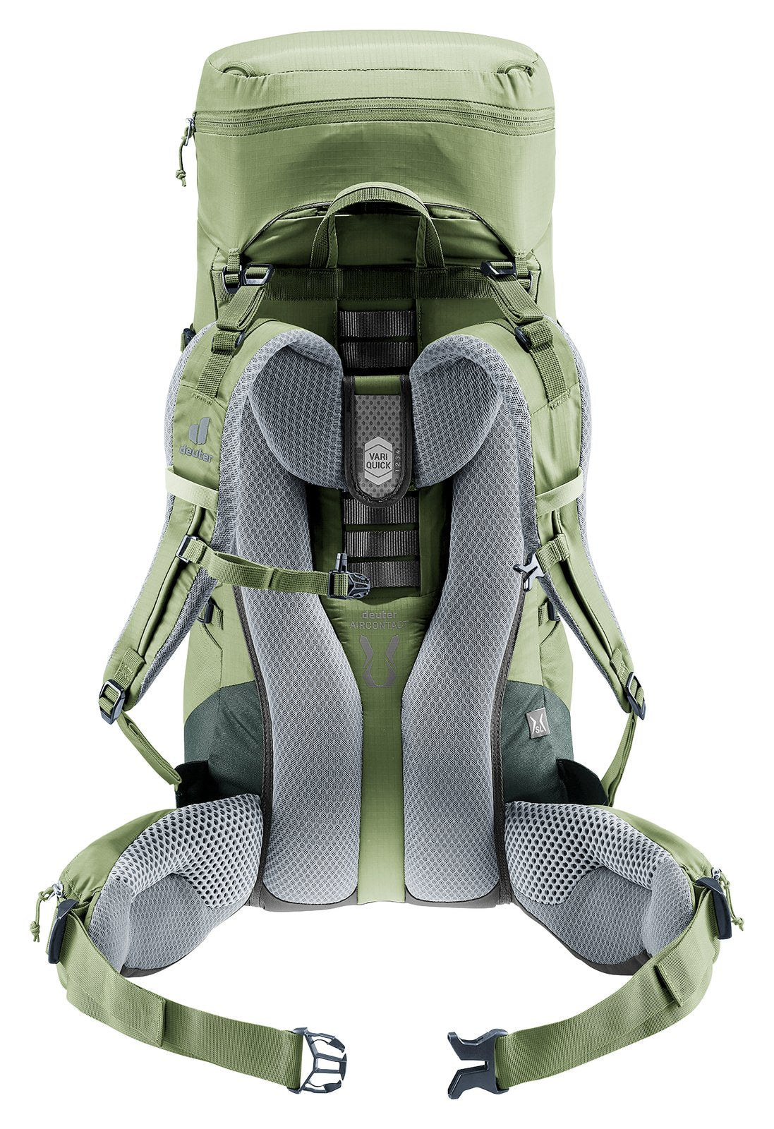 Deuter Aircontact Lite 35 + 10 SL in Grove Ivy, back view of the VariQuick harness and padded hip belt