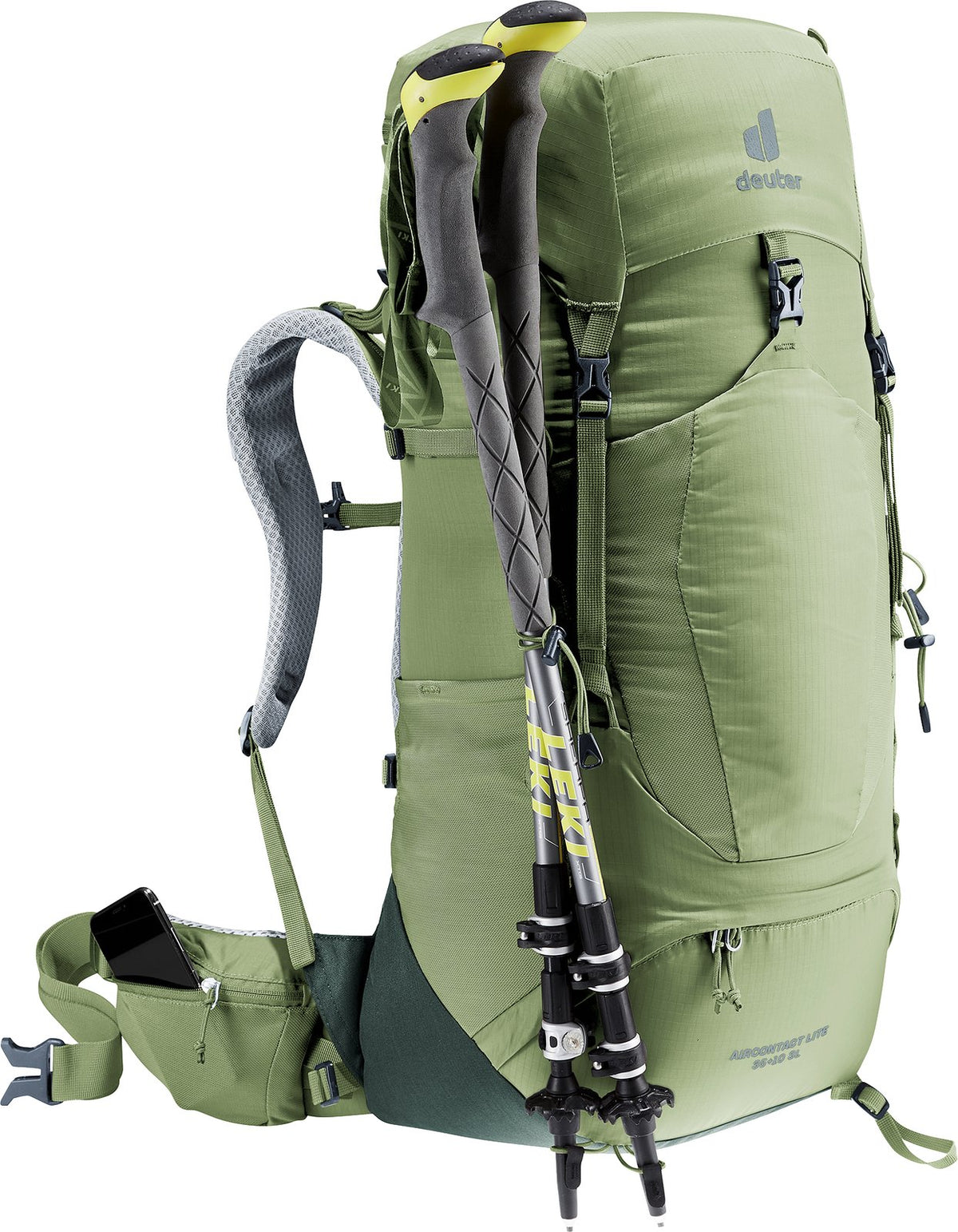 Deuter Aircontact Lite 35 + 10 SL in Grove Ivy with trekking poles strapped to the front