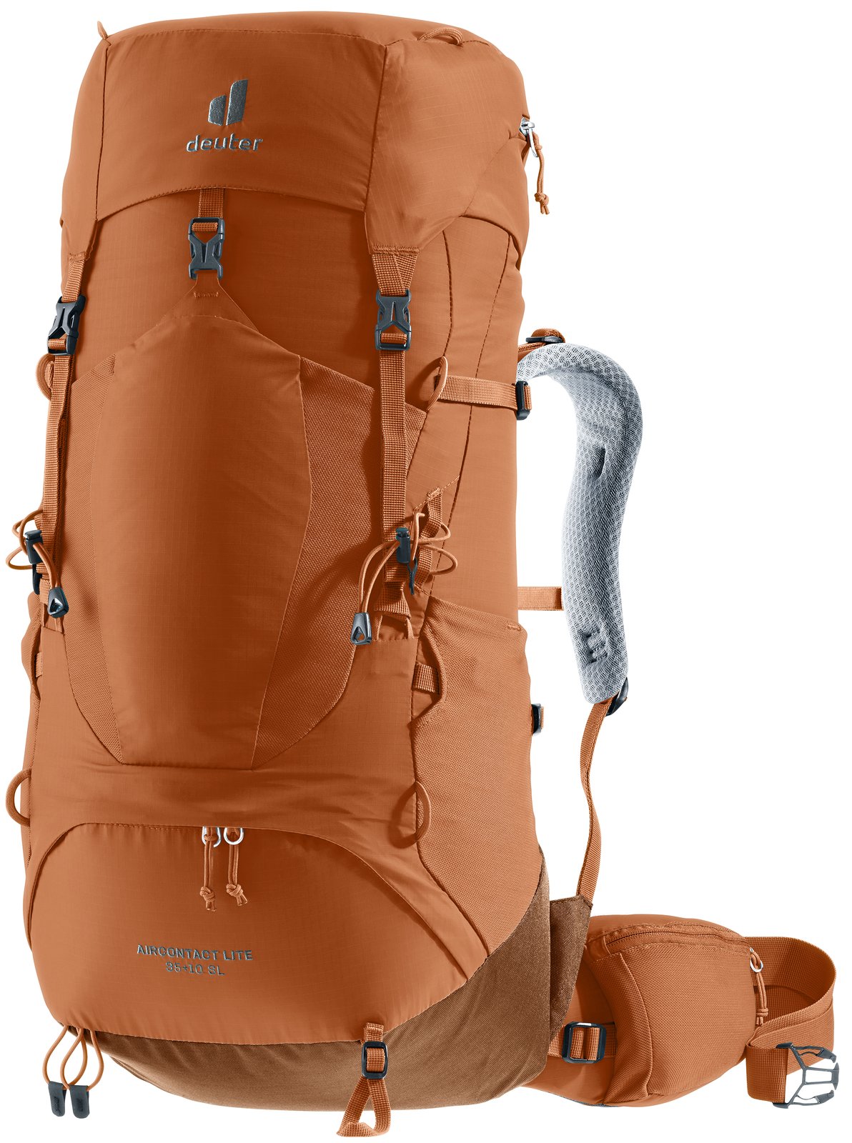 Deuter Aircontact Lite 35 + 10 SL in Pecan Mocha, burnt orange trekking pack, front three-quarter view