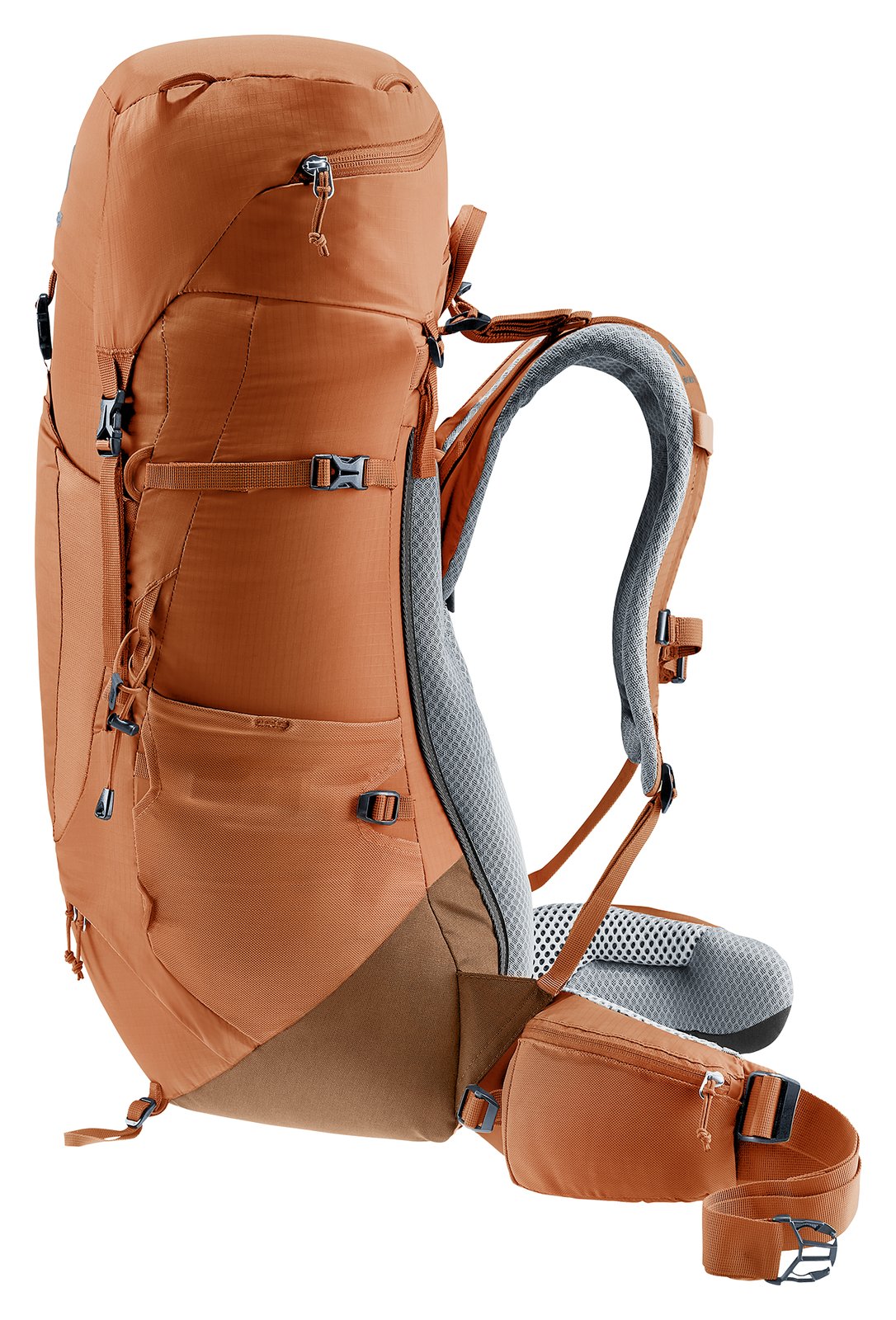 Deuter Aircontact Lite 35 + 10 SL in Pecan Mocha, side three-quarter view of the lid and side pocket