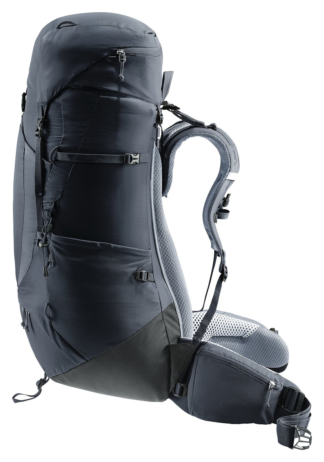 Deuter Aircontact Lite 50 + 10 in Black Graphite, side view of the pack body and hip fin