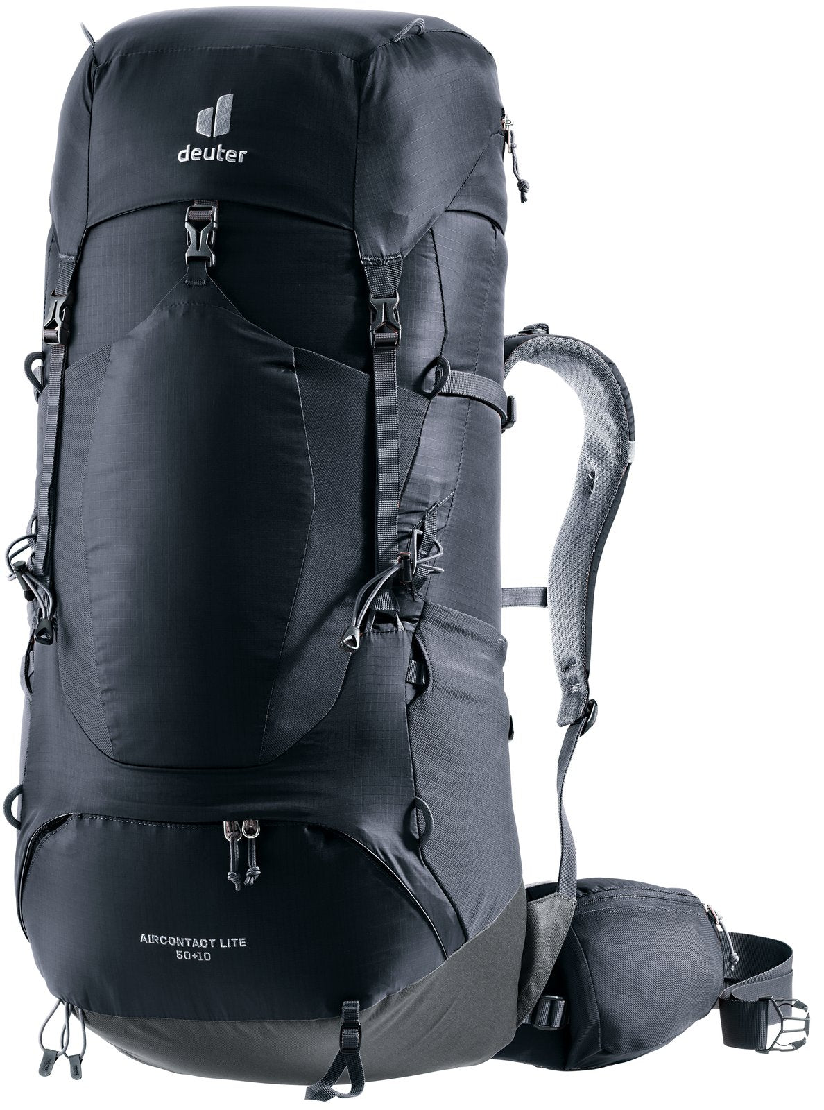 Deuter Aircontact Lite 50 + 10 in Black Graphite, front three-quarter view with stretch front pocket