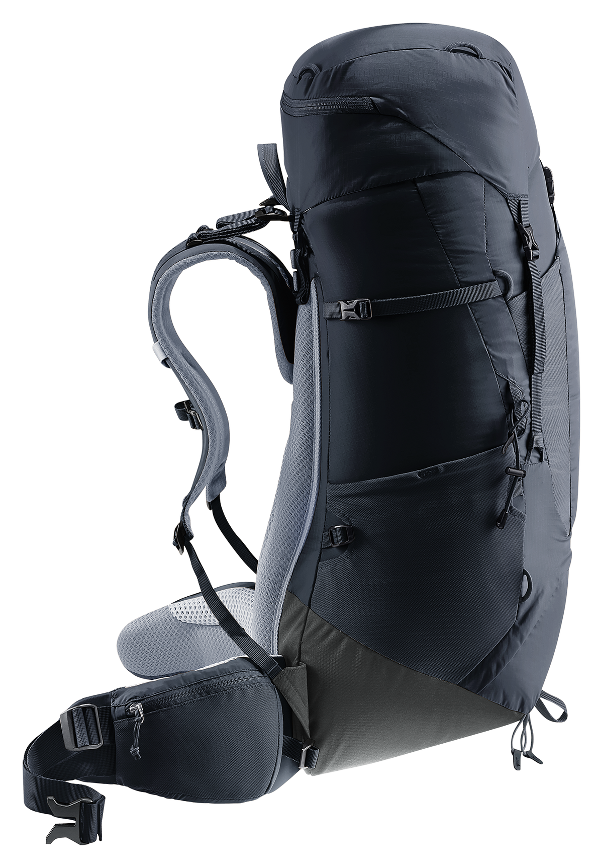 Deuter Aircontact Lite 50 + 10 in Black Graphite, side profile showing harness and hip belt