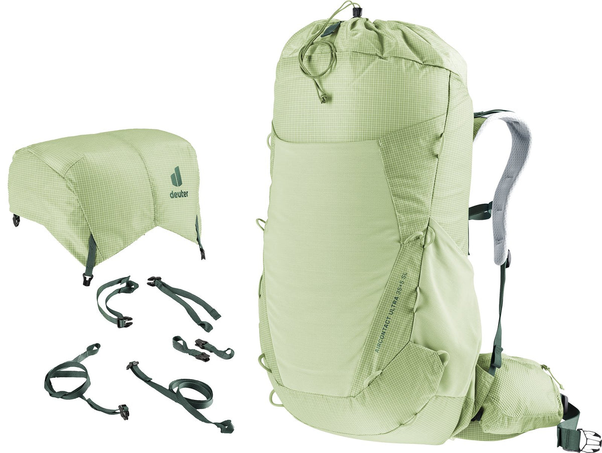 Deuter Aircontact Ultra 35+5 SL with the lid removed and modular gear straps laid out beside it