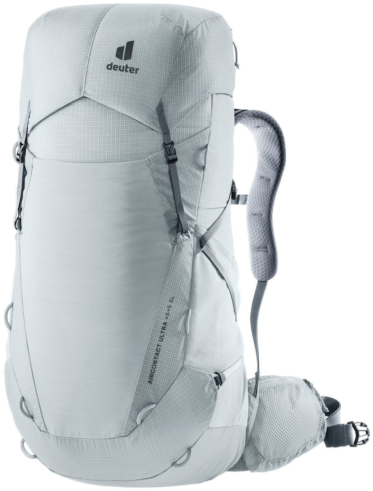 Deuter Aircontact Ultra 45+5 SL women's trekking pack in Tin Shale, light grey front three-quarter view