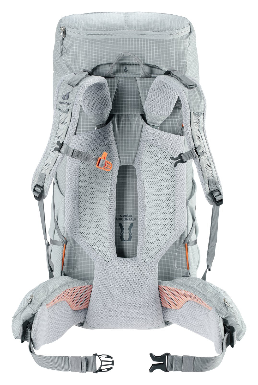 Back of the Deuter Aircontact Ultra 45+5 SL showing Aircontact padding, hip fins and sternum strap
