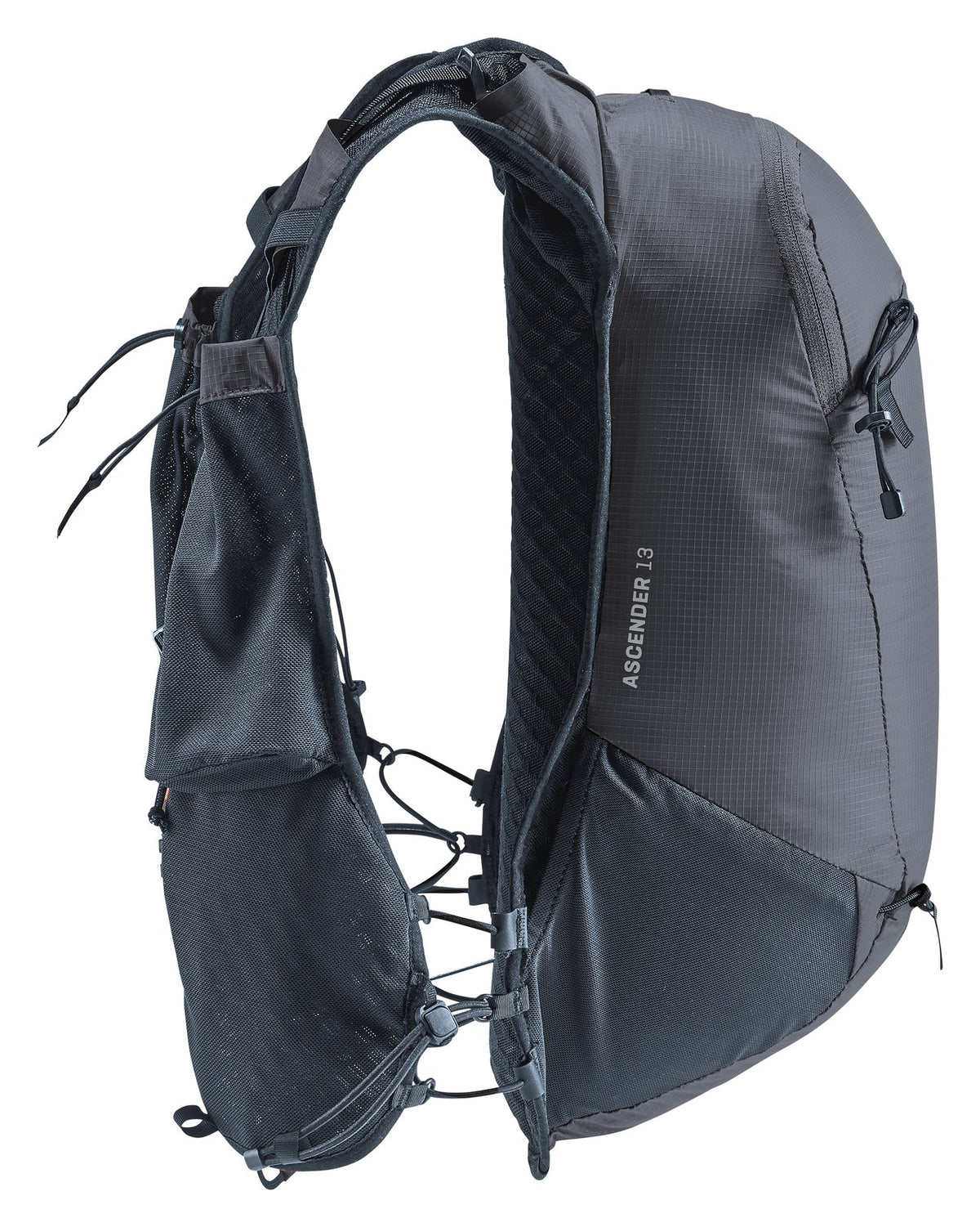Side profile of the Deuter Ascender 13 in Black showing the vest straps and side pocket