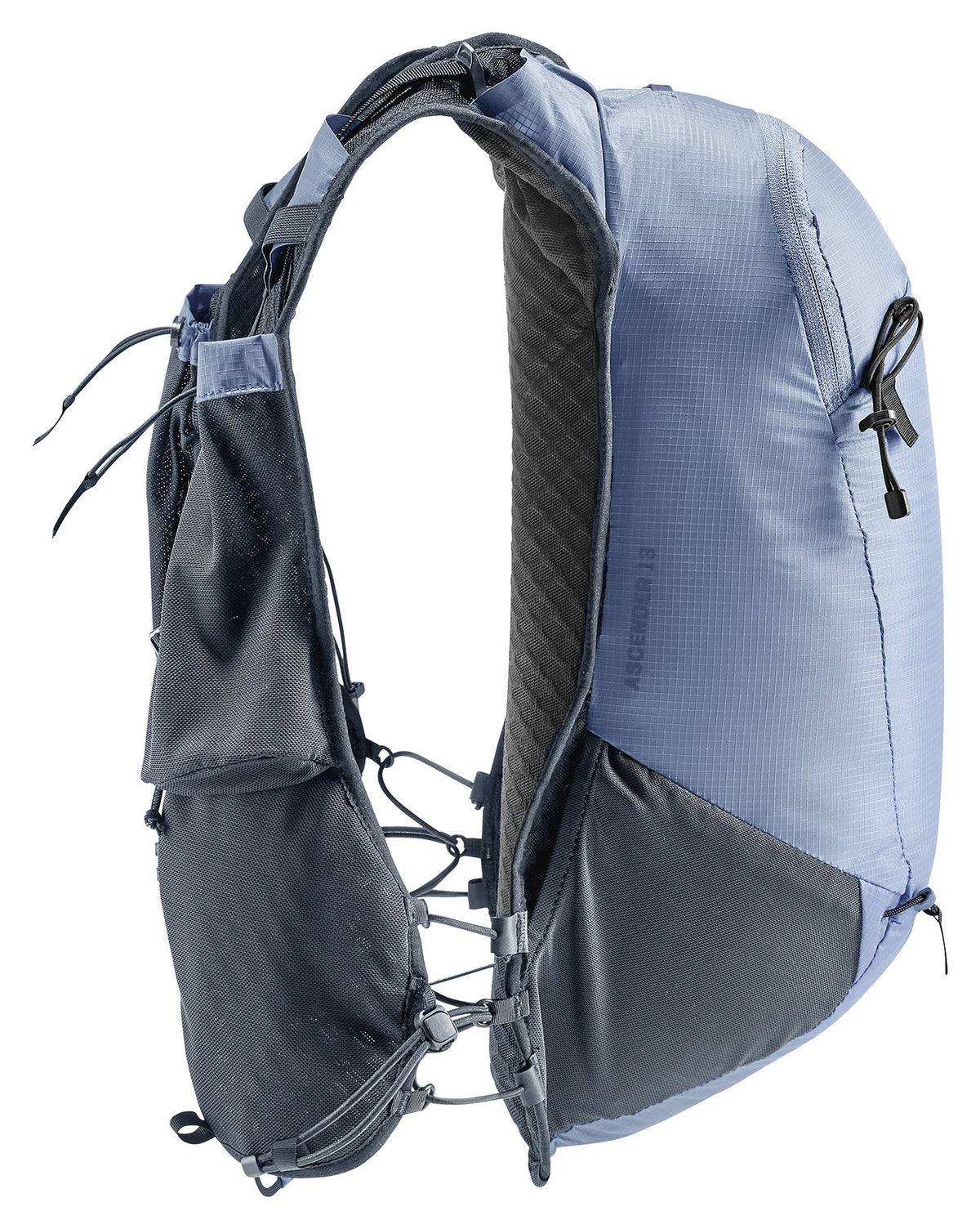 Side profile of the Deuter Ascender 13 in Polar showing the slim body and vest straps