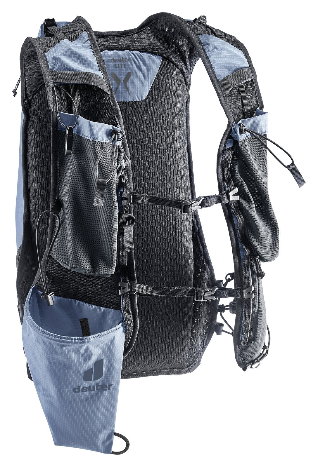 Deuter Ascender 13 in Polar, angled harness view with sternum straps and pole holster